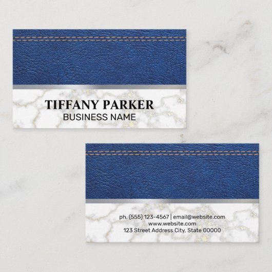 ブルーステッチ革 |ホワイトマーブルメタリックトリム 名刺 (正面/裏面)