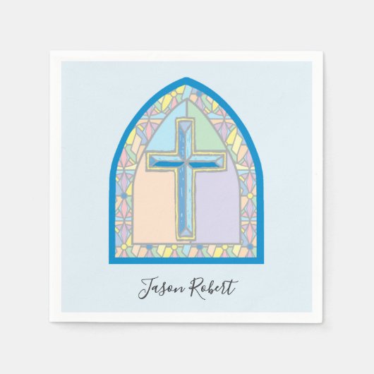 ブルーステンドグラス十字第1コミューニオンナプキンズ スタンダードカクテルナプキン (正面)