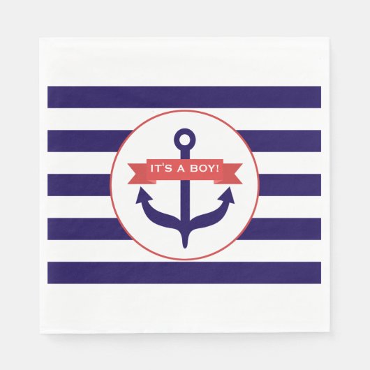 ブルーストライプいかり+男の子ベビーシャワー スタンダードランチョンナプキン (正面)