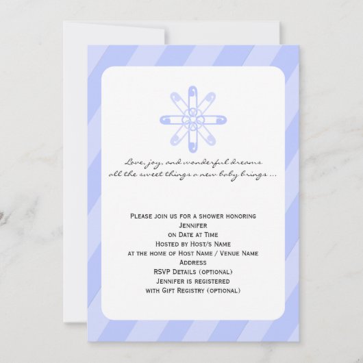 ブルーストライプおむつピン男の赤ちゃんシャワー 招待状 (正面)