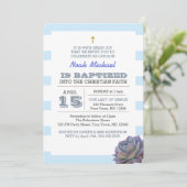 ブルーストライプとグリーン植物の男の子の洗礼招待状 招待状 (スタンド正面)