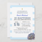 ブルーストライプとグリーン植物の男の子の洗礼招待状 招待状 (正面)