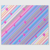 ブルーストライプとピンクのフローラ紙ギフトラップ付き ラッピングペーパー (フラット)