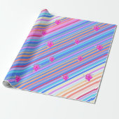 ブルーストライプとピンクのフローラ紙ギフトラップ付き ラッピングペーパー (アンロールド)
