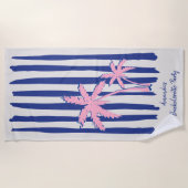 ブルーストライプにピンクのヤシのペア　バチェロレッテパーティー ビーチタオル (正面)