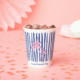ブルーストライプにピンクのヤシのペア　バチェロレッテパーティー 紙コップ