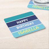 ブルーストライプのハッピーバースデー スクエアペーパーコースター (アングル)