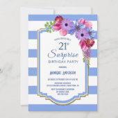 ブルーストライプのフローラサプライズ21歳のパーティー 招待状 (正面)