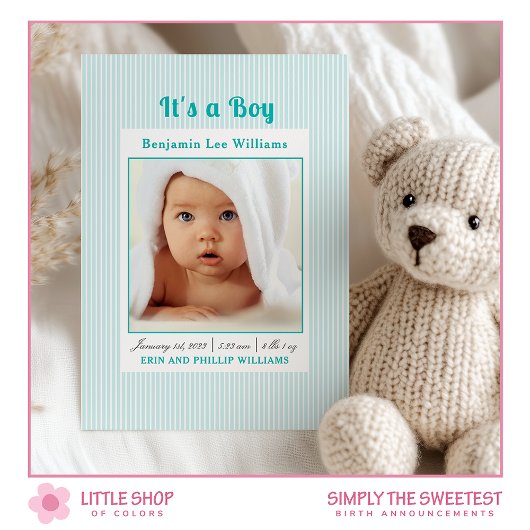 ブルーストライプのベビーボーイ写真出生発表 招待状