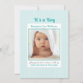 ブルーストライプのベビーボーイ写真出生発表 招待状 (正面)