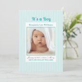 ブルーストライプのベビーボーイ写真出生発表 招待状 (スタンド正面)