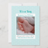 ブルーストライプのベビーボーイ写真出生発表 招待状 (裏面)