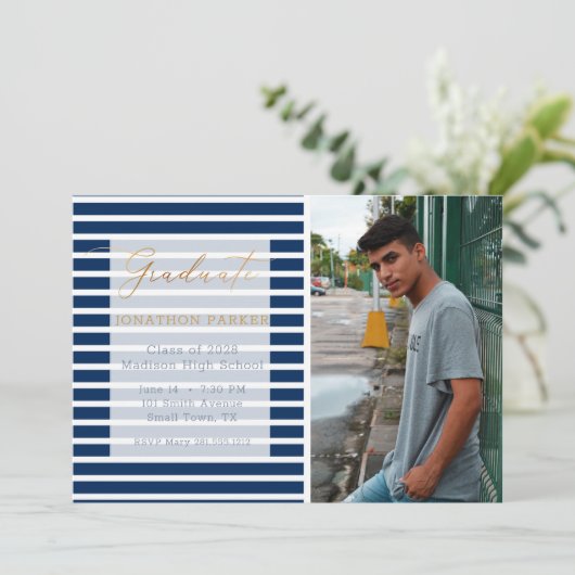 ブルーストライプの写真を追加する卒業式 案内状 (スタンド正面)