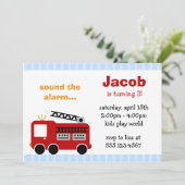 ブルーストライプの消防車の誕生日パーティー招待状 招待状 (スタンド正面)