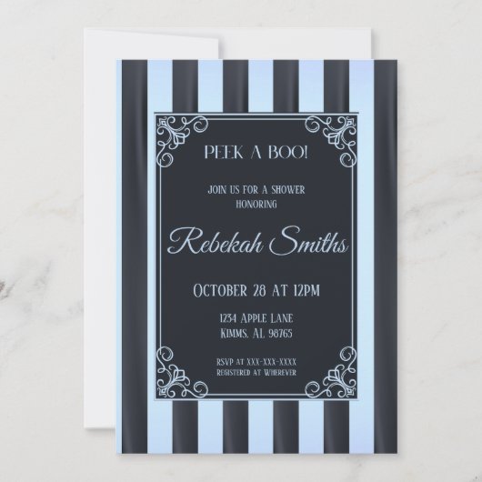 ブルーストライプの男の赤ちゃんシャワー招待状 招待状 (正面)