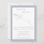ブルーストライプの紙飛行機誕生日招待状 招待状 (正面)