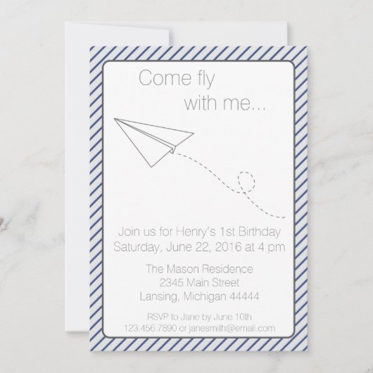 ブルーストライプの紙飛行機誕生日招待状 招待状 (正面)