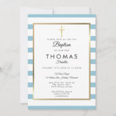 ブルーストライプの金ゴールドクロスバプテスマ、《キリスト教》洗礼式や命名式 招待状 (正面)