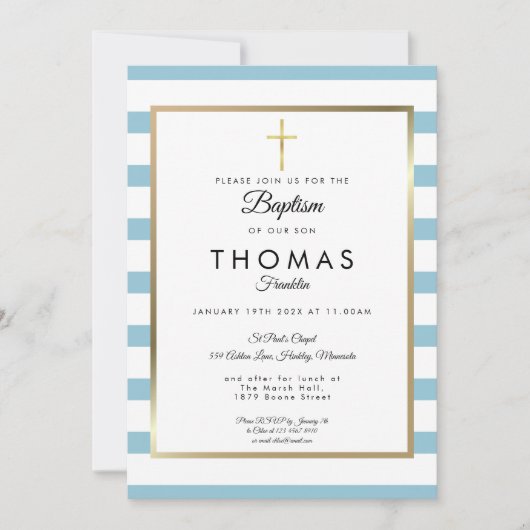 ブルーストライプの金ゴールドクロスバプテスマ、《キリスト教》洗礼式や命名式 招待状 (正面)