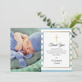 ブルーストライプの金ゴールドクロス洗礼《キリスト教》洗礼式や命名式写真 サンキューカード (スタンド正面)