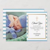 ブルーストライプの金ゴールドクロス洗礼《キリスト教》洗礼式や命名式写真 サンキューカード (正面/裏面)