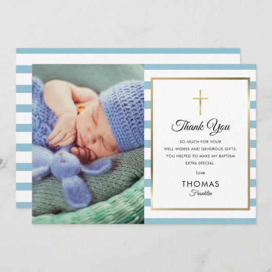 ブルーストライプの金ゴールドクロス洗礼《キリスト教》洗礼式や命名式写真 サンキューカード (正面/裏面)