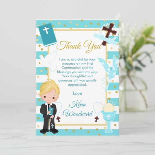 ブルーストライプの金髪の少年が初めての聖体拝領 サンキューカード (スタンド正面)