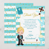 ブルーストライプの金髪少年　初めての聖体拝領 サンキューカード (正面/裏面)