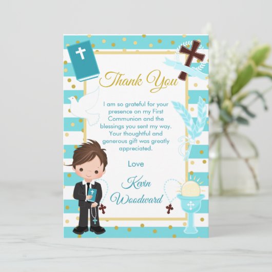 ブルーストライプの黒髪少年が初めての聖体拝領 サンキューカード (スタンド正面)
