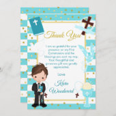 ブルーストライプの黒髪少年が初めての聖体拝領 サンキューカード (正面/裏面)