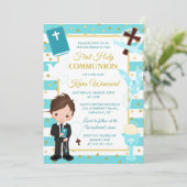 ブルーストライプの黒髪少年　初めての聖体拝領 招待状 (スタンド正面)