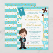 ブルーストライプの黒髪少年　初めての聖体拝領 招待状 (正面/裏面)