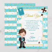 ブルーストライプの黒髪少年　最初の聖体拝領 サンキューカード (正面/裏面)