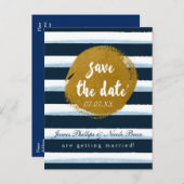 ブルーストライプの&ゴールドフォイル日付ポストカードを保存 案内ポストカード (正面/裏面)