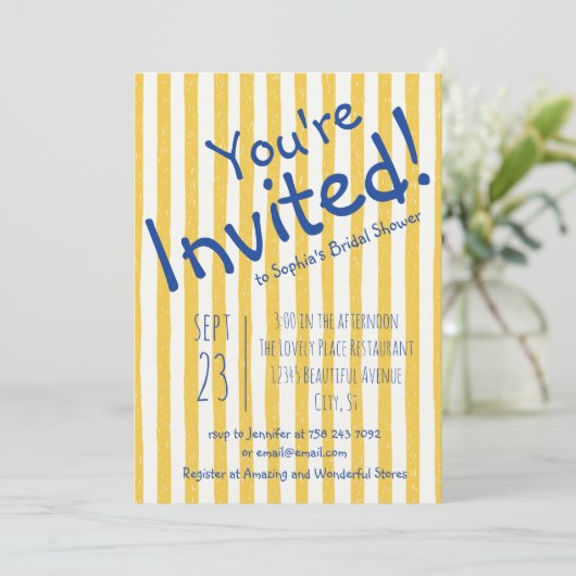 ブルーストライプの「You're Invited」ブライダルシャワー 招待状 (スタンド正面)