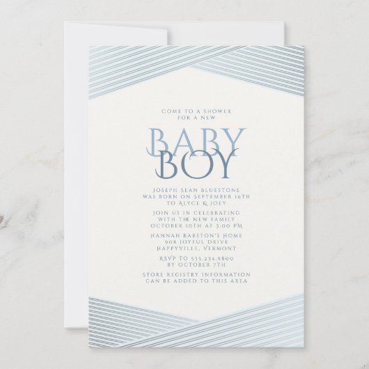 ブルーストライプウェルカムベビーシャワー招待状 招待状 (正面)