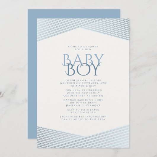 ブルーストライプウェルカムベビーシャワー招待状 招待状 (正面/裏面)