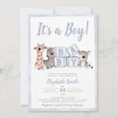 ブルーストライプガールボーイサファリ動物ベビーシャワー 招待状 (正面)