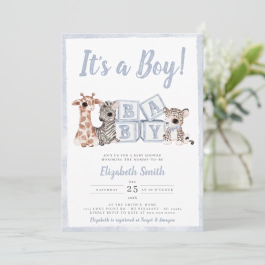 ブルーストライプガールボーイサファリ動物ベビーシャワー 招待状 (スタンド正面)