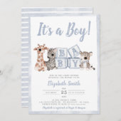 ブルーストライプガールボーイサファリ動物ベビーシャワー 招待状 (正面/裏面)