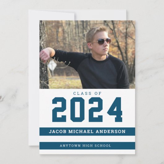 ブルーストライプスポーツフォト卒業パーティー 招待状 (正面)