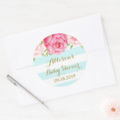 ブルーストライプズピンクフローラベビーシャワーメッセージカード ラウンドシール (封筒)