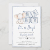 ブルーストライプズボーイエレファントピーナッツベビーシャワー 招待状 (正面)