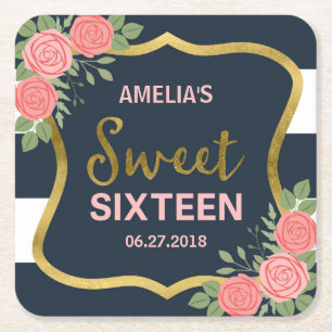 ブルーストライプズ赤面ピンクロセスSweet sixteen スクエアペーパーコースター
