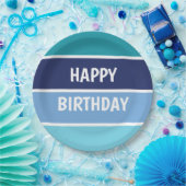 ブルーストライプハッピーバースデー ペーパープレート (パーティー)