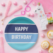 ブルーストライプハッピーバースデー ペーパープレート (パーティー)