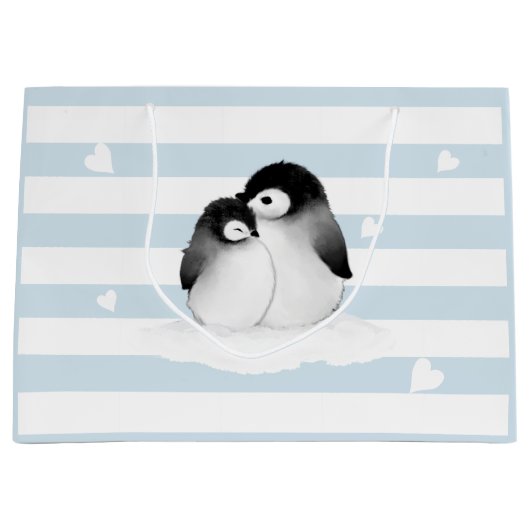 ブルーストライプハートグレーペンギン抱き枕 ラージペーパーバッグ (正面)