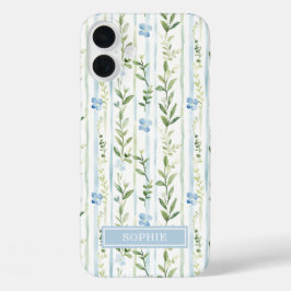 ブルーストライプフラワーパーソナライズド iPhone 16 PLUSケース