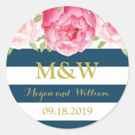 ブルーストライプフローラモノグラム結婚式の引き出物ラベル ラウンドシール