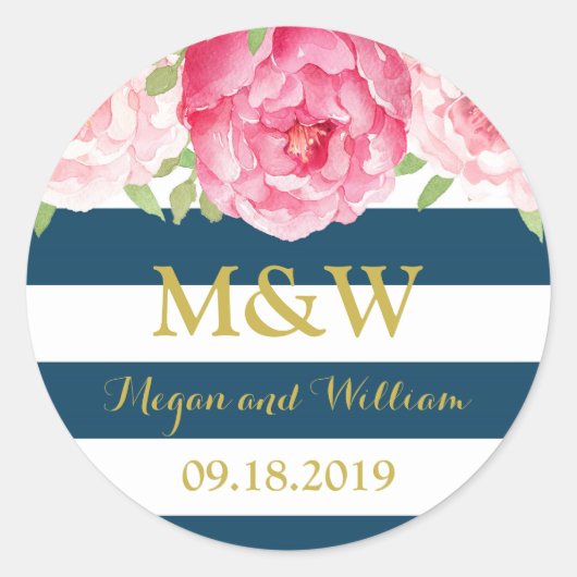 ブルーストライプフローラモノグラム結婚式の引き出物ラベル ラウンドシール (正面)